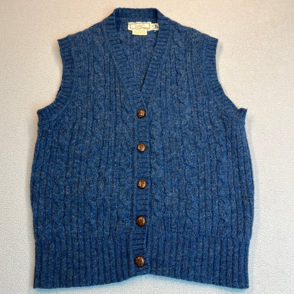 Vintage Eaton Blue Shetland Wool Cable Knit Sweater Vest V-Neck Button Front M